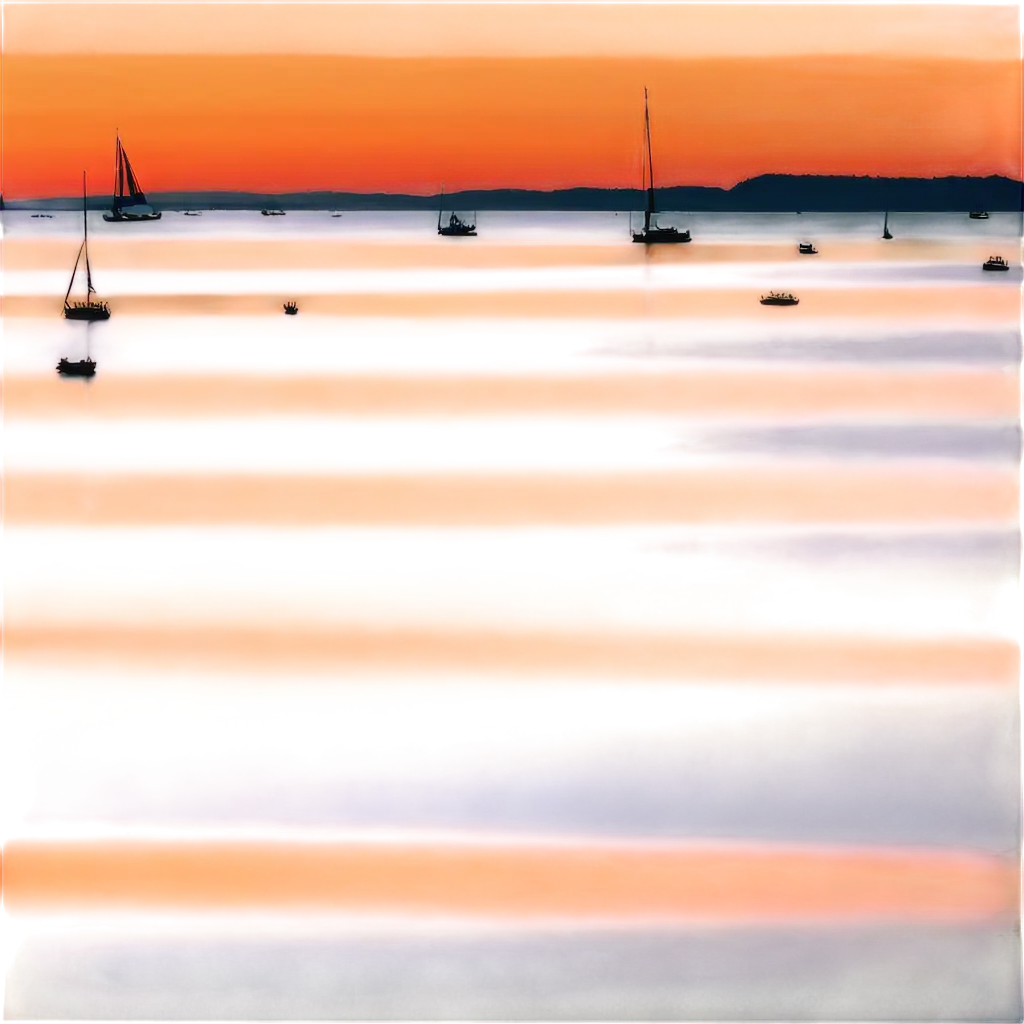 sunrise on the horizon over the beach, blue crystal clear water, ships sailing into the habour, birds flying over the horizon, ray of orange and yellow sunlight on the water, lots of small boats on the water