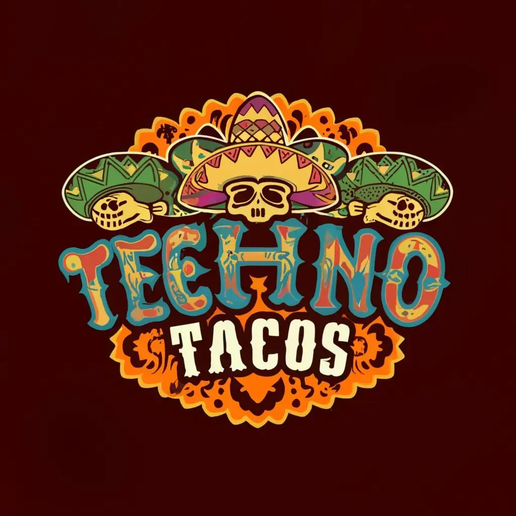 logo, techno music 
Dia del Muerto
chili, with the text "techno tacos", typography, be used in Events industry