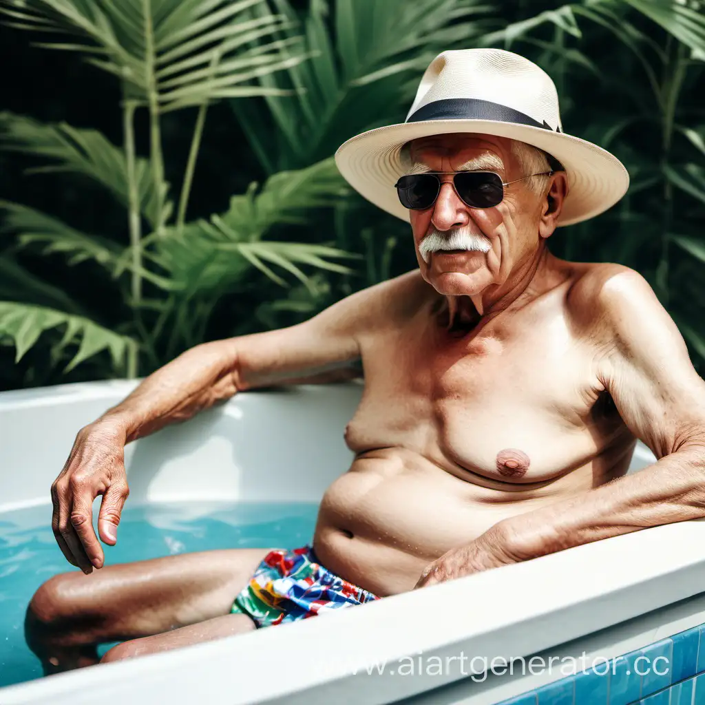 grandfather, an elderly man , in swimming trunks , in a panama hat , sitting in a Jacuzzi , a millionaire