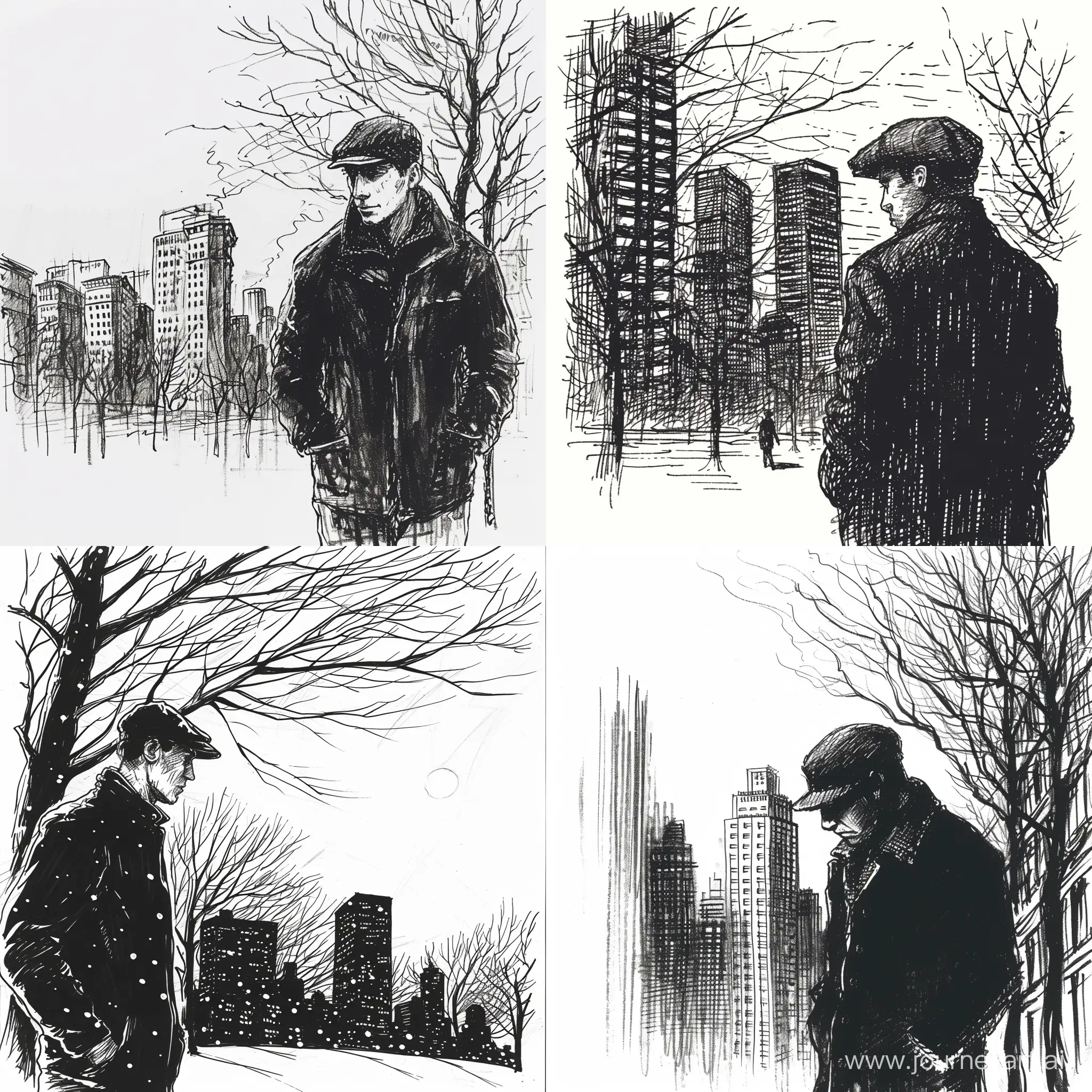 Evening-Stroll-Winter-Scene-with-Man-in-Cap-in-Urban-Setting