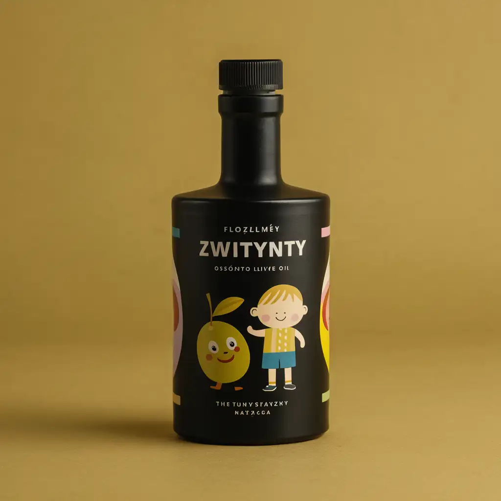   une étiquette  de huile d'olive  noir avec le nom "zwitynty" pour enfant
