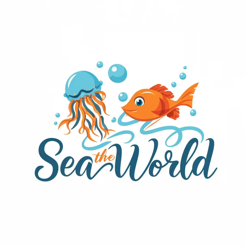 a logo design,with the text "Sea-The-World", main symbol:blue jellyfish, orange fish, water slides,Moderate,clear background