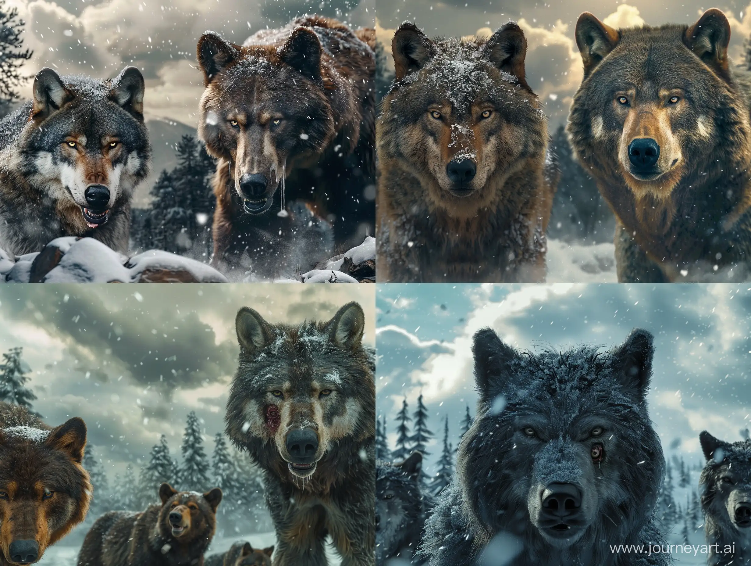 very hungry and menacing looking wolves and bears looking at the camera, on a snowy forest, snow falling from skies, cloudy day, 8k, ultrarealistic, cinematic
