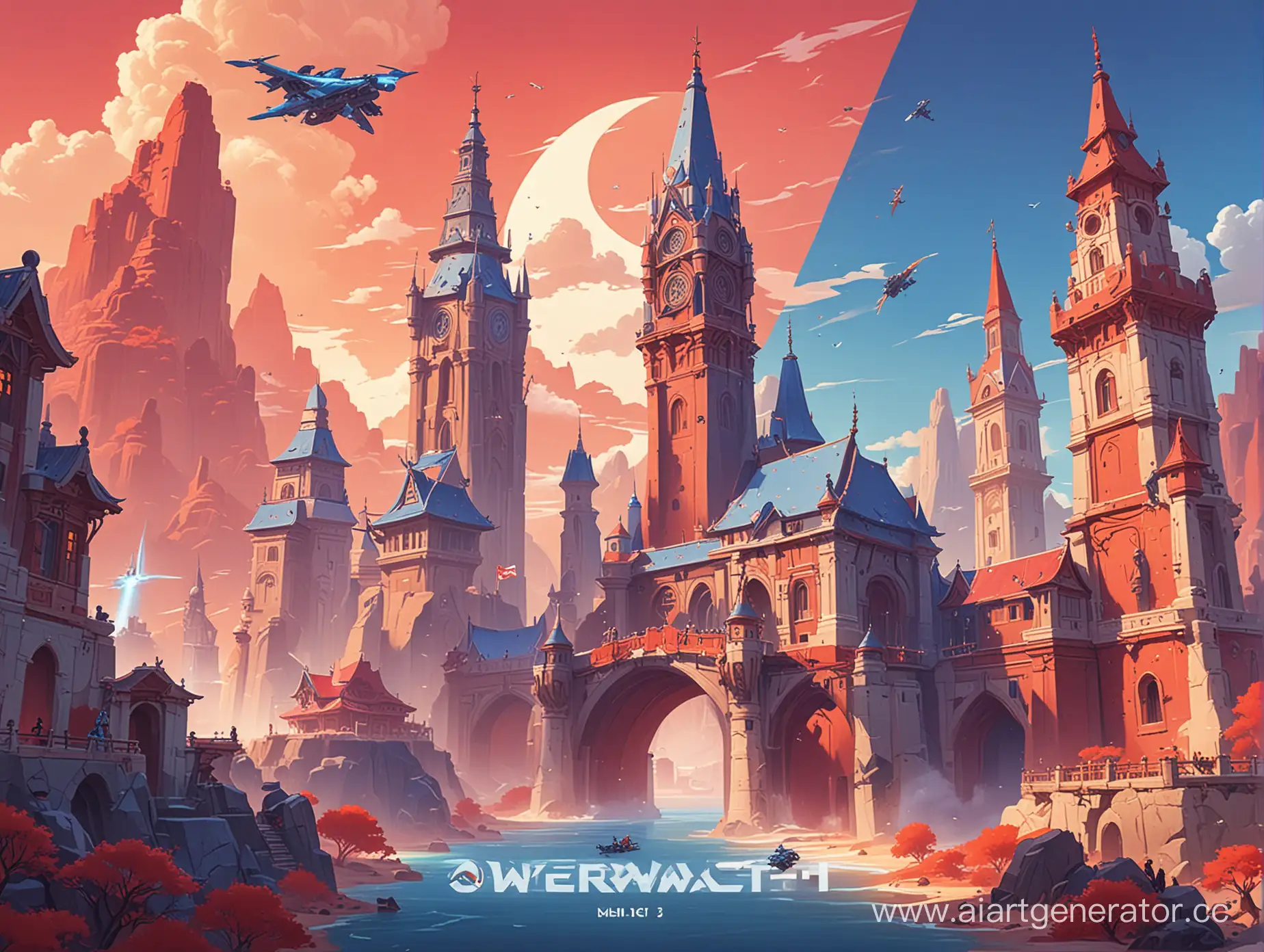 Обложка для книги про путешествия в синем и красном цветах в стиле  Overwatch 2 с достопримечательностями мира