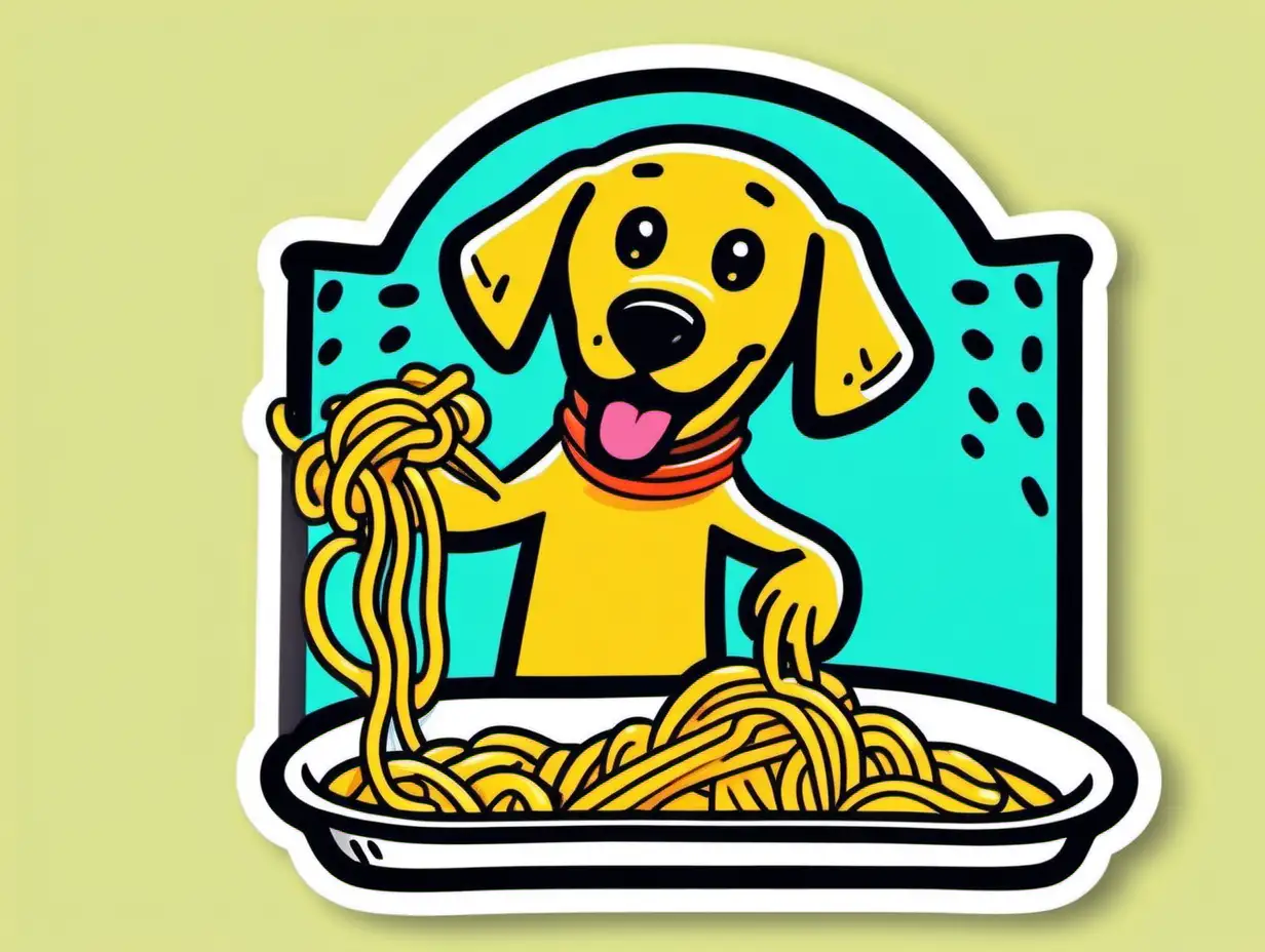 a yellow lab dog cartoon character eating spaghetti with vibrant color, like a sticker, line art, white background in the style of keith haring