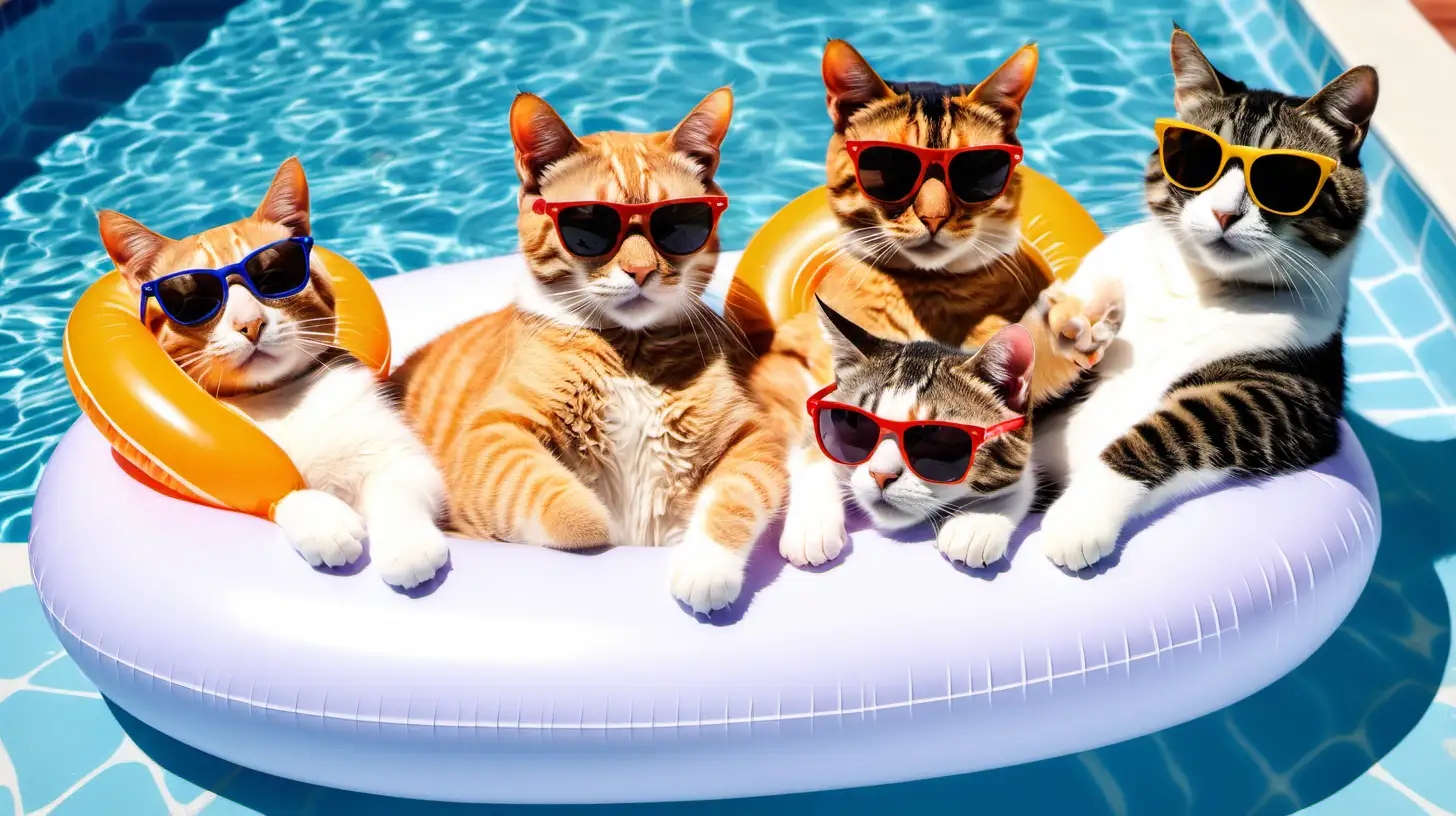 six cats in a swimming pool, laying on pool floats, enjoying a vacation, some holding drinks, wearing sunglasses
