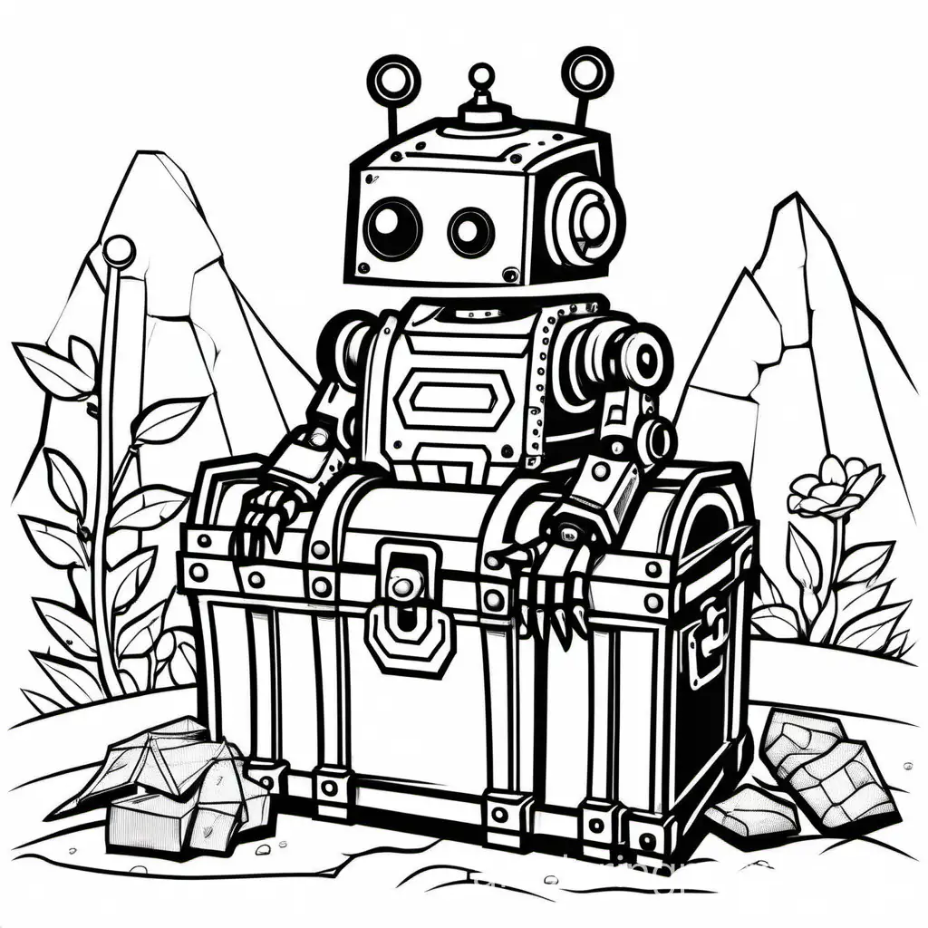 robot next to treasure chest, Coloring Page, black and white, line art, white background, Simplicity, Ample White Space. The background of the coloring page is plain white to make it easy for young children to color within the lines. The outlines of all the subjects are easy to distinguish, making it simple for kids to color without too much difficulty