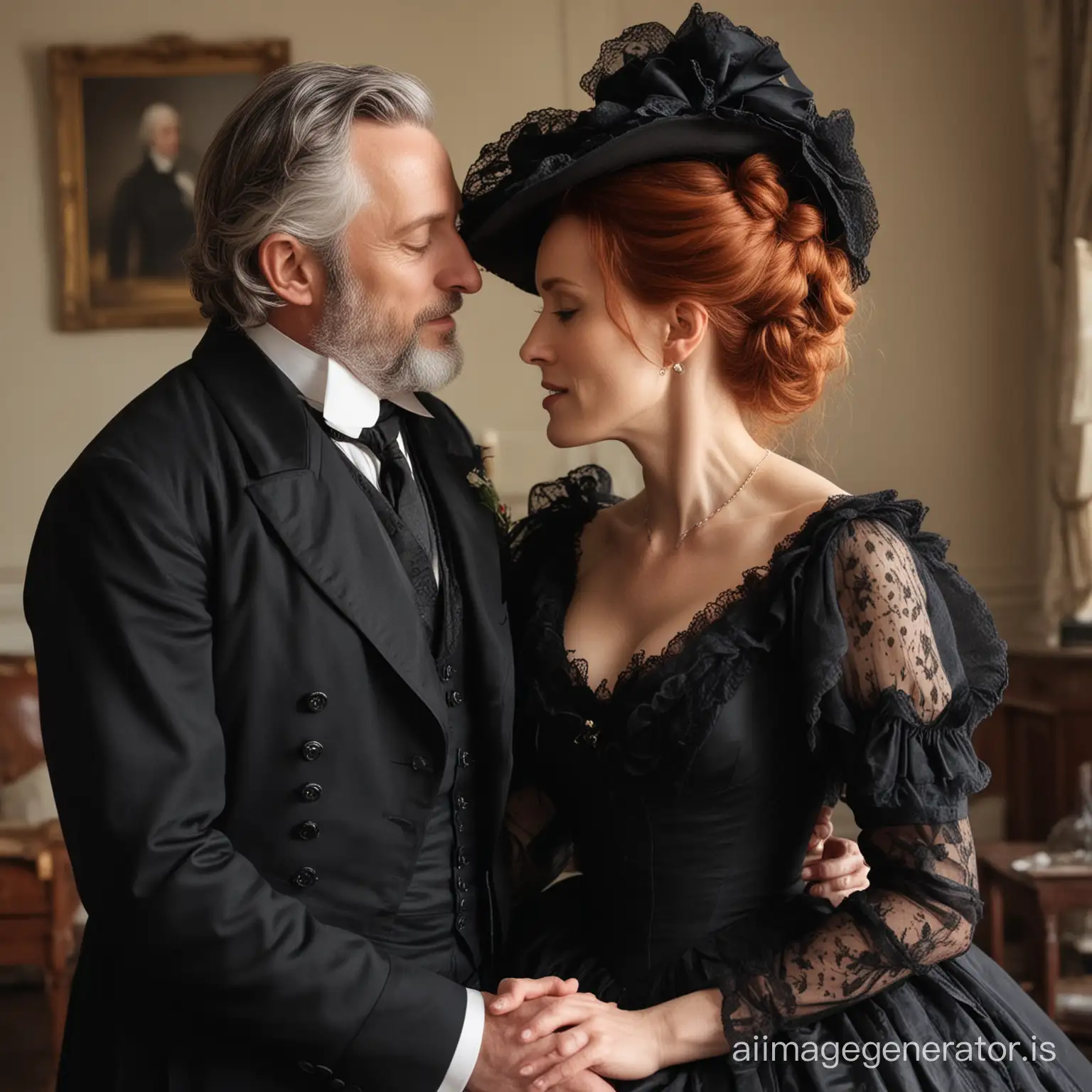 red hair Gillian Anderson wearing a black floor-length loose billowing 1860 victorian crinoline dress with a frilly bonnet kissing an old dressed man dressed into a black victorian suit who seems to be her newlywed husband
