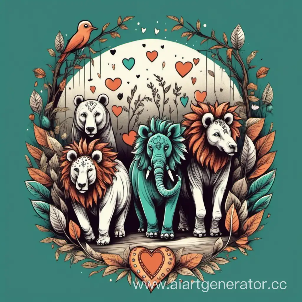 Whimsical Animal Parade vector t-shirt design "Wild Hearts Roam"