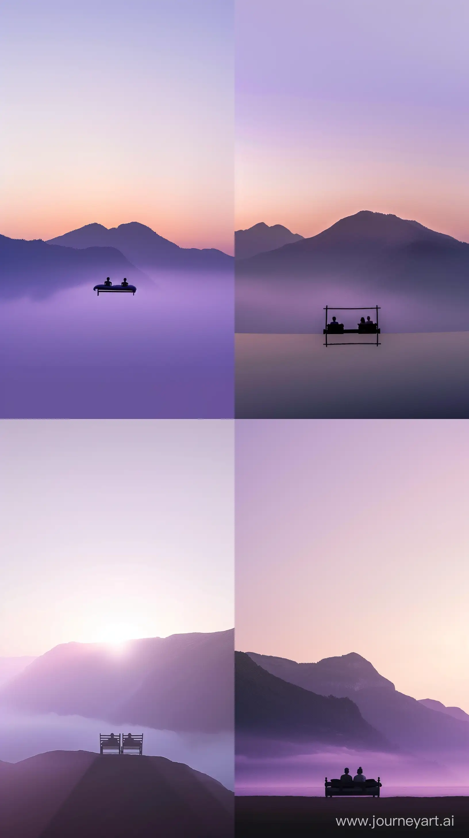 A medium-angle image of a bed of two people located at the end of the mountain and behind it the sunrise, the image is streamlined between purple and light blue, light fog, the bed is in the middle of the picture away from the frame --ar 9:16 --s 0 --style raw --v 6 