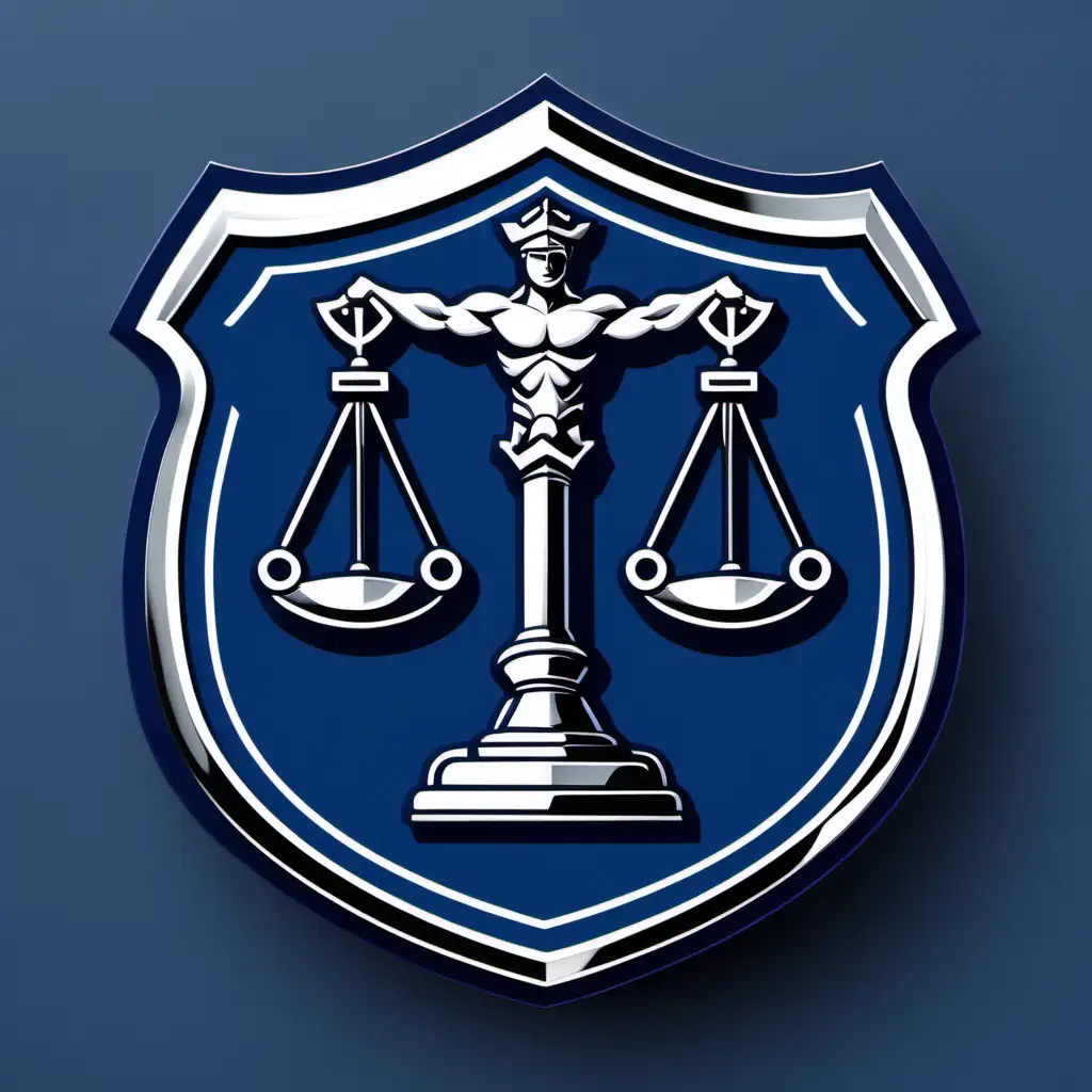 Create a badge featuring a hero known as 'Guardian of Justice,' whose emblem is a stylized gavel intertwined with a shield. Use a color scheme of deep blue and chrome to signify trustworthiness and excellence. This badge symbolizes the firm's dedication to upholding justice and equality for all clients.