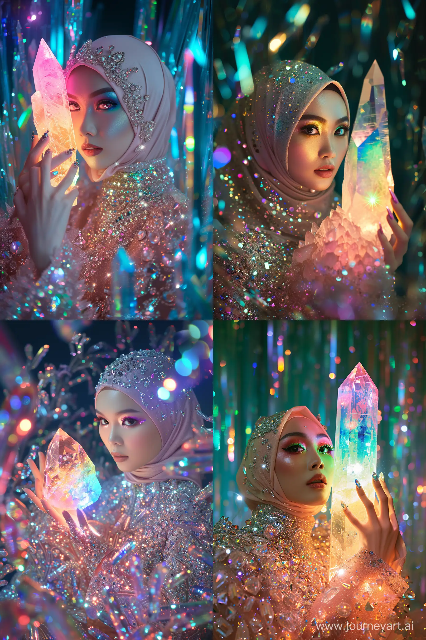 photo of a glamorous Indonesian queen wearing a hijab haute couture crystal gown, sparkling eyes, she’s holding a colorful crystal that lights up, she is surrounded by crystals, shimmering lights, dark pastel iridescent colors, mystical surrealism, crystalcore, fujifilm superia --ar 2:3 --v 6.0