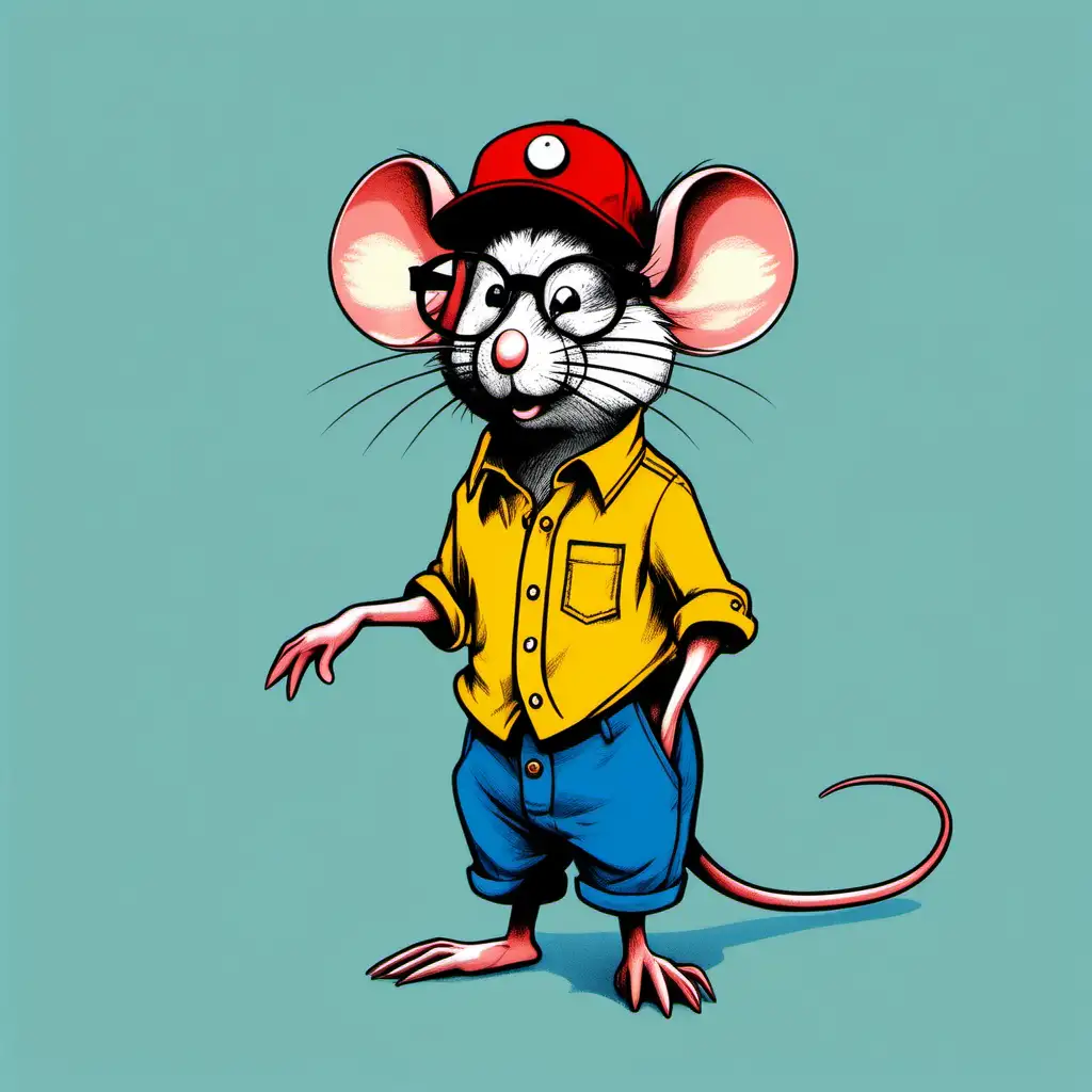 image of a mouse wearing a red hat,yellow shirt with open buttons,blue pant,black glasses,standing in sigma mood,against clear plain background