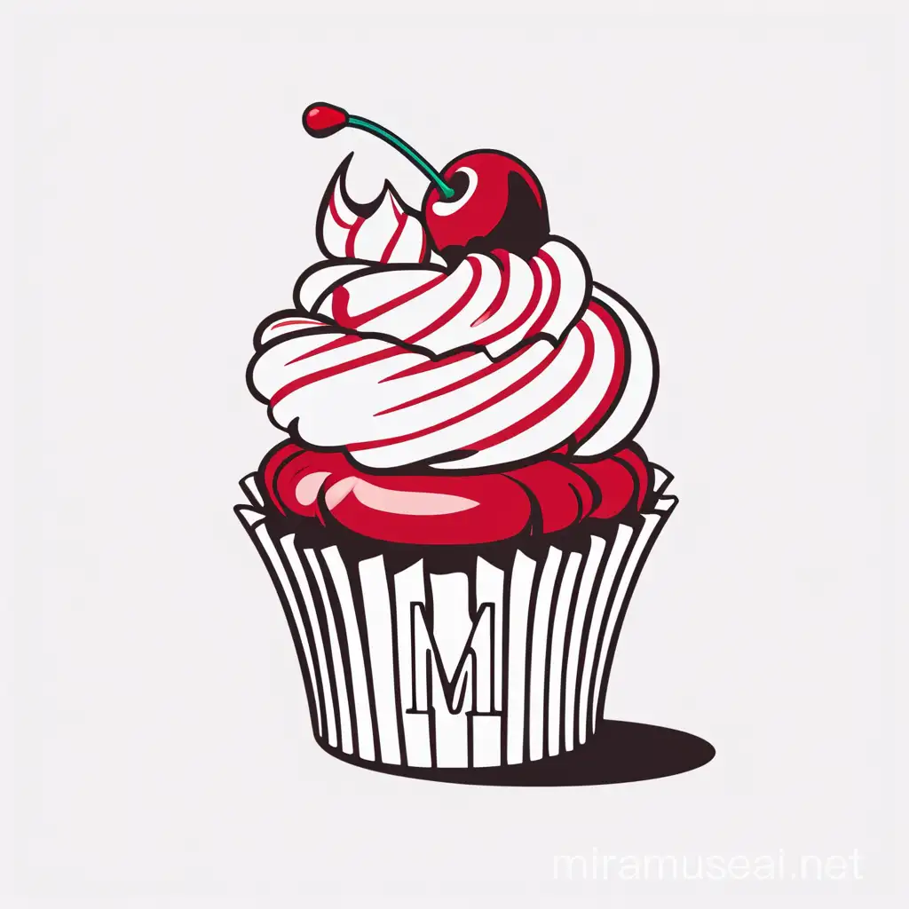 a vector art of a cupcake with with frosting an a red cherry on top with white background for a logo with letter MK inside the cupcake
