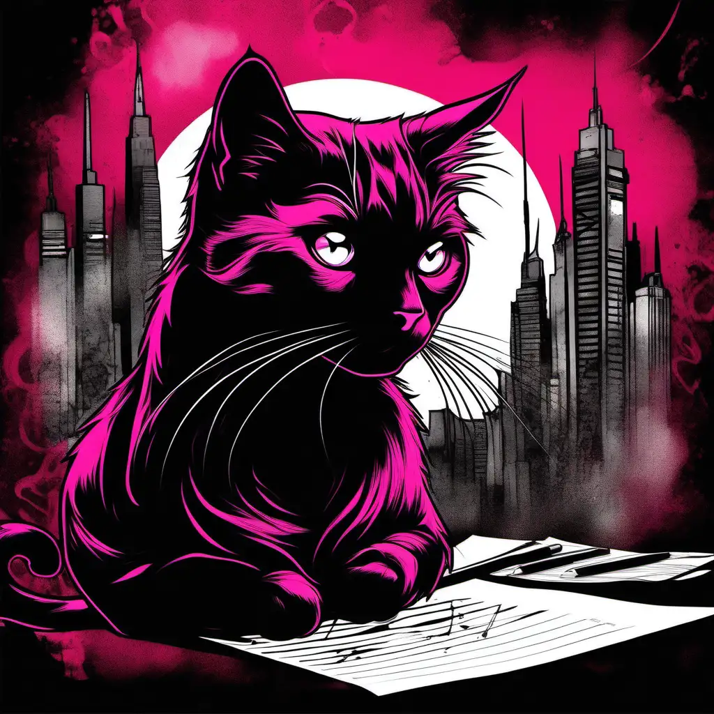 A cat looking at it and contemplating on paper art print, in the style of gothcore, dark pink and light black, bryan hitch, portraiture with emotion, dynamic mark making, simplistic vector art, fluid ink washes — ar 119:144