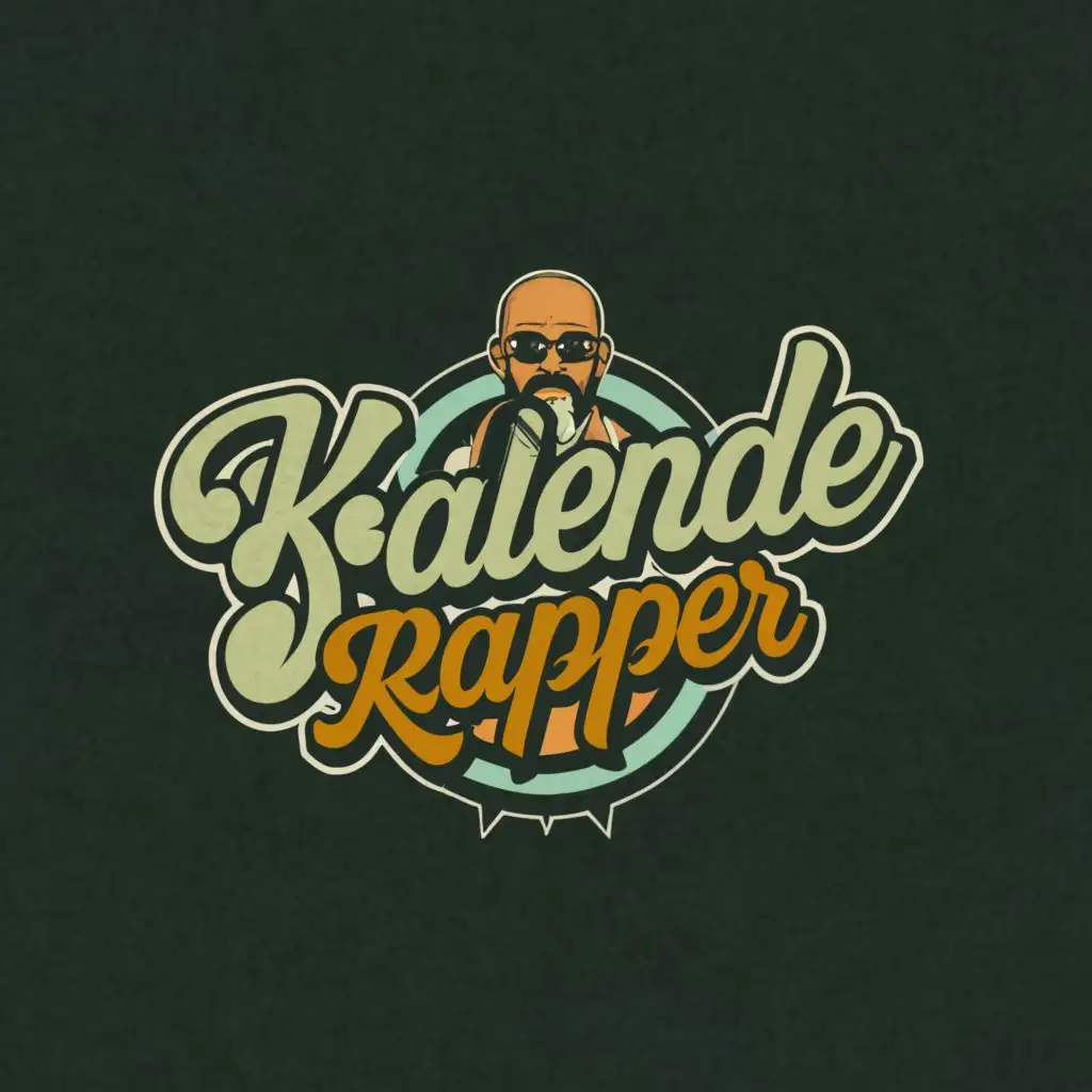 a logo design,with the text "kalende rapper", main symbol:an older white singer with a lucious microphone, receding hairline, 70's style thin hair, teal and orange look, european music industry, pale white skin with a moustache and greying hair,Moderate complex,be used in Entertainment industry,clear background, kalende rapper