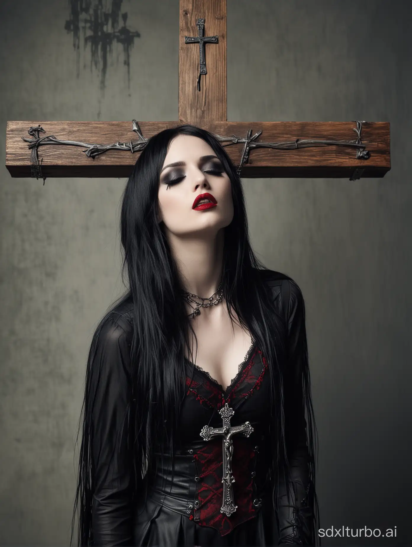Girl, gothic style, 30 years old, long black hair, fringe, full white eyes, very clear skin, heavy make up, dark make up, gothic make up, red lips, crucified on a cross, eyes closed, head inclined left, full body photo