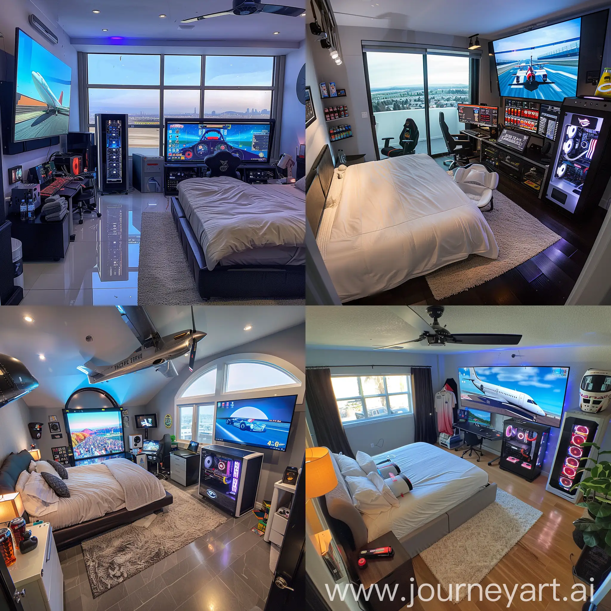 A big Teenager's room with airplane simulator, bathroom, the big TV, racing simulator, king size bed, a really cool gaming PC, freezer with soda. One huge window.
