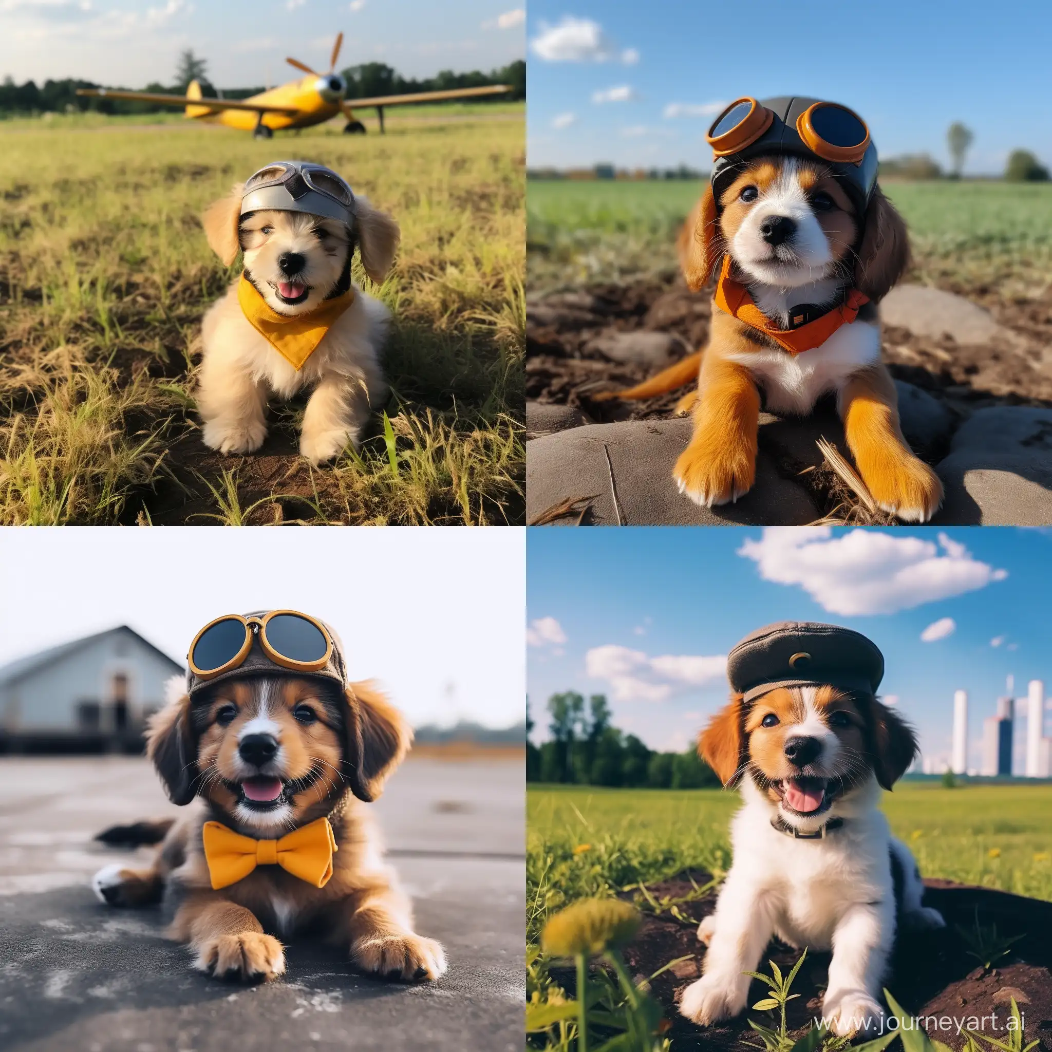cute puppy sitting next to the airfield with pilot hat and he is very happy