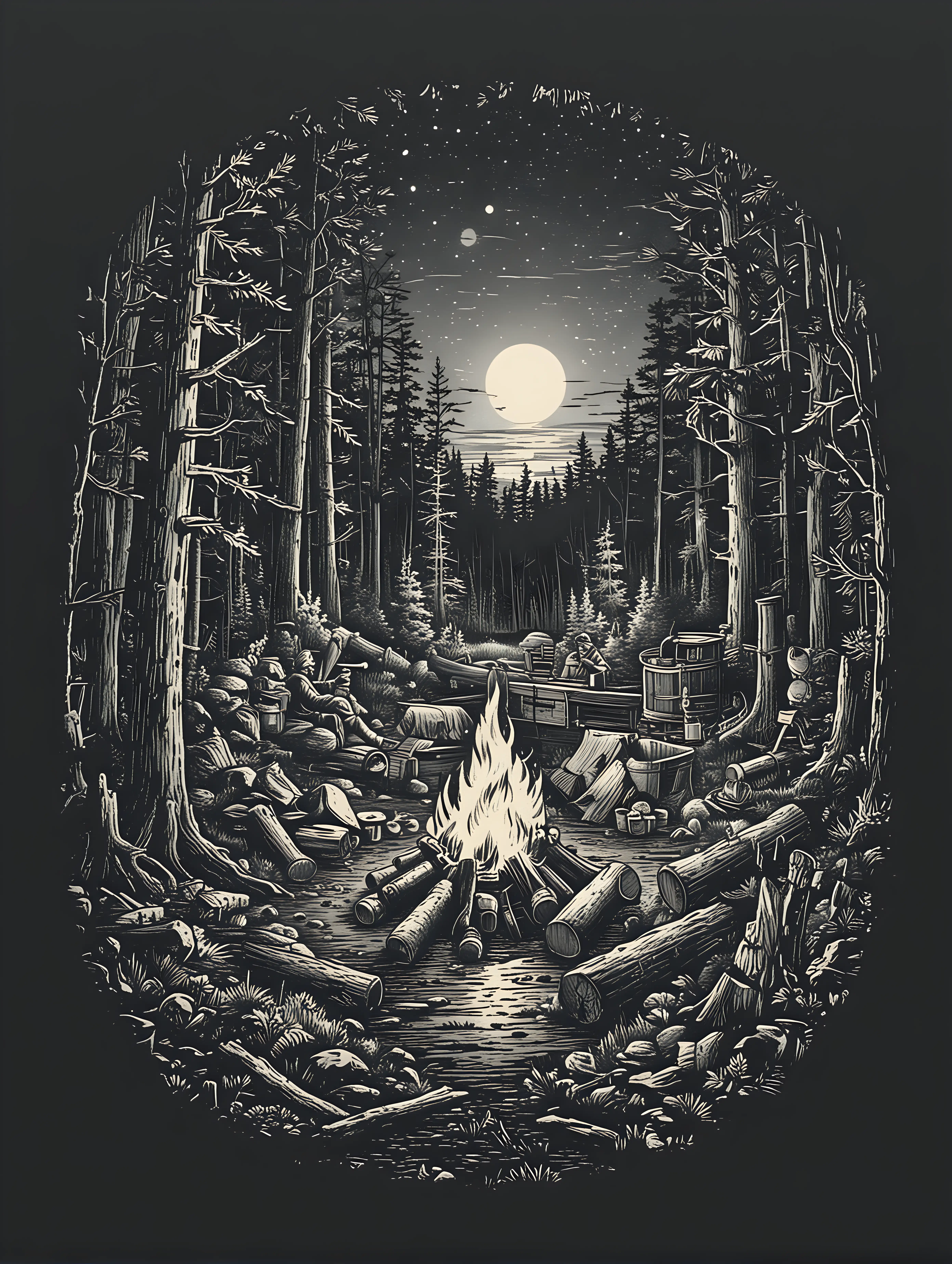  spot color shirt design, illustrating a lively campfire in the foreground with a hidden moonshine operation in the woods. adding a touch of intrigue. use elements such as a moonshining Still