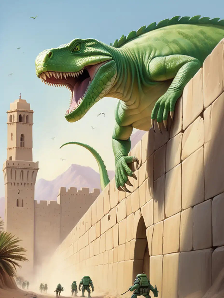 Enormous, long green reptile destroying city wall from outside. Desert setting.