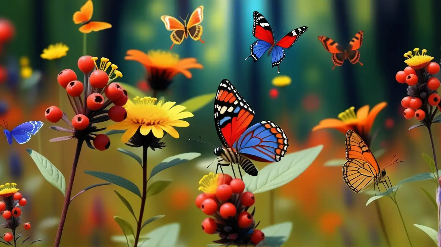 Vibrant Summer Forest Colorful Butterflies and Orange Bees Above a Meadow of Yellow Blue and Red Flowers