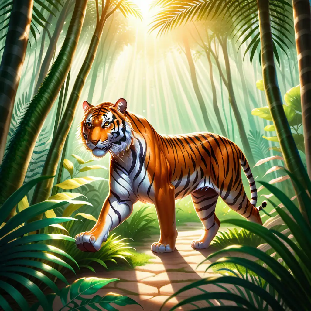 illustration, hintergrund asien,
Ein majestätischer Bengalischer Tiger schleicht durch den dichten Dschungel, seine gestreifte Fell glänzt im Sonnenlicht. Einige Tiger spielen fröhlich miteinander, während andere gemütlich dösen.