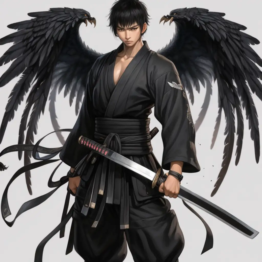 Mysterious Male Warrior with Black Wings and Katana