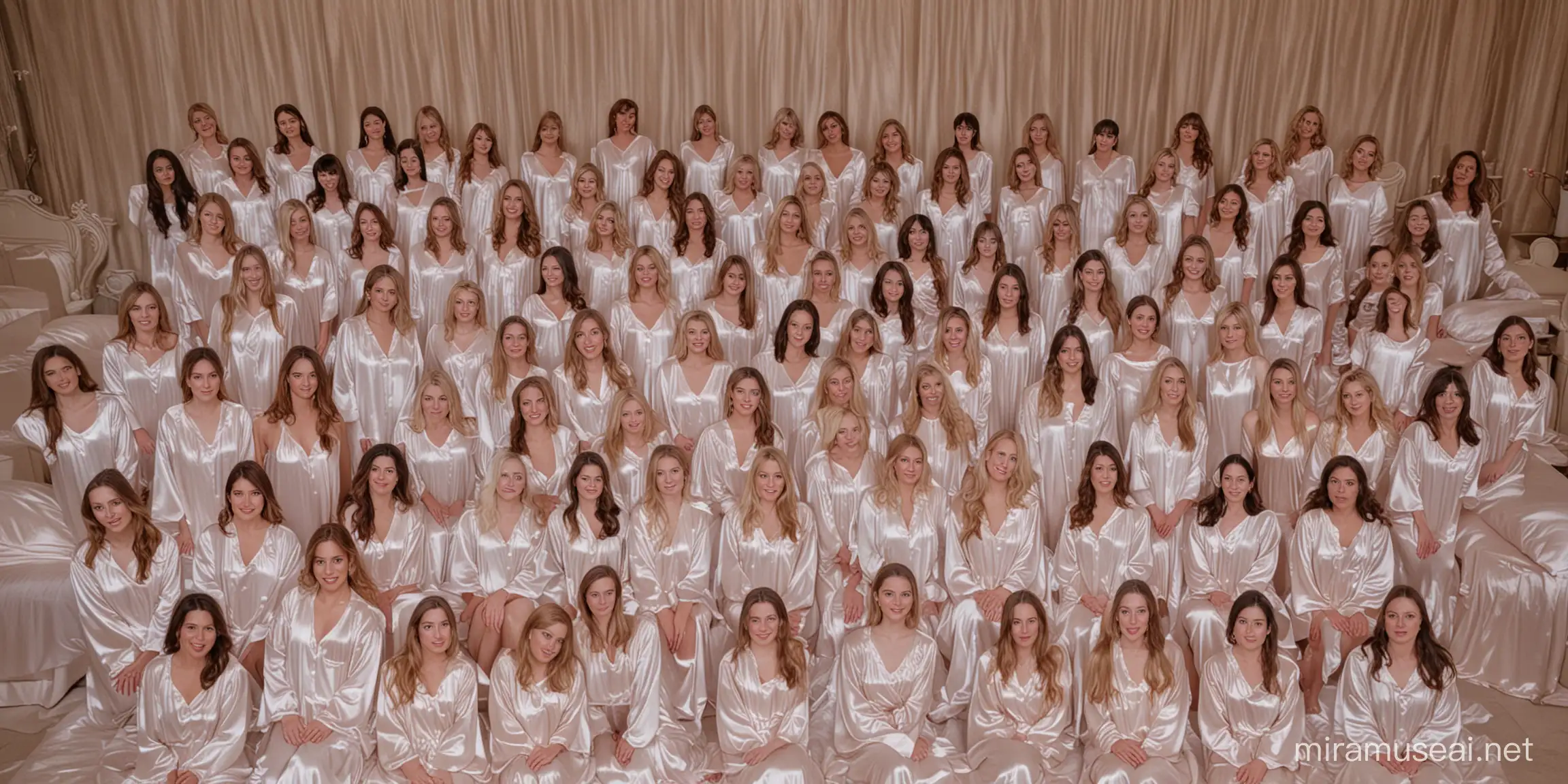 Ethereal Gathering Serene Women in Milky Satin Nightgowns on Giant Bed