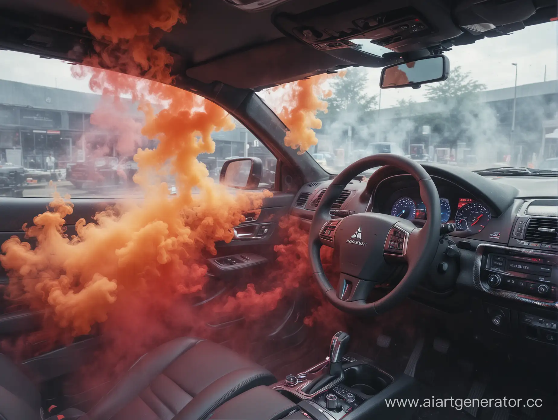 Светлый салон автомобиля Mitsubishi в густом цветном дыму. Детально прорисована мультимедиа система внутри автомобиля. Больше цветного дыма.