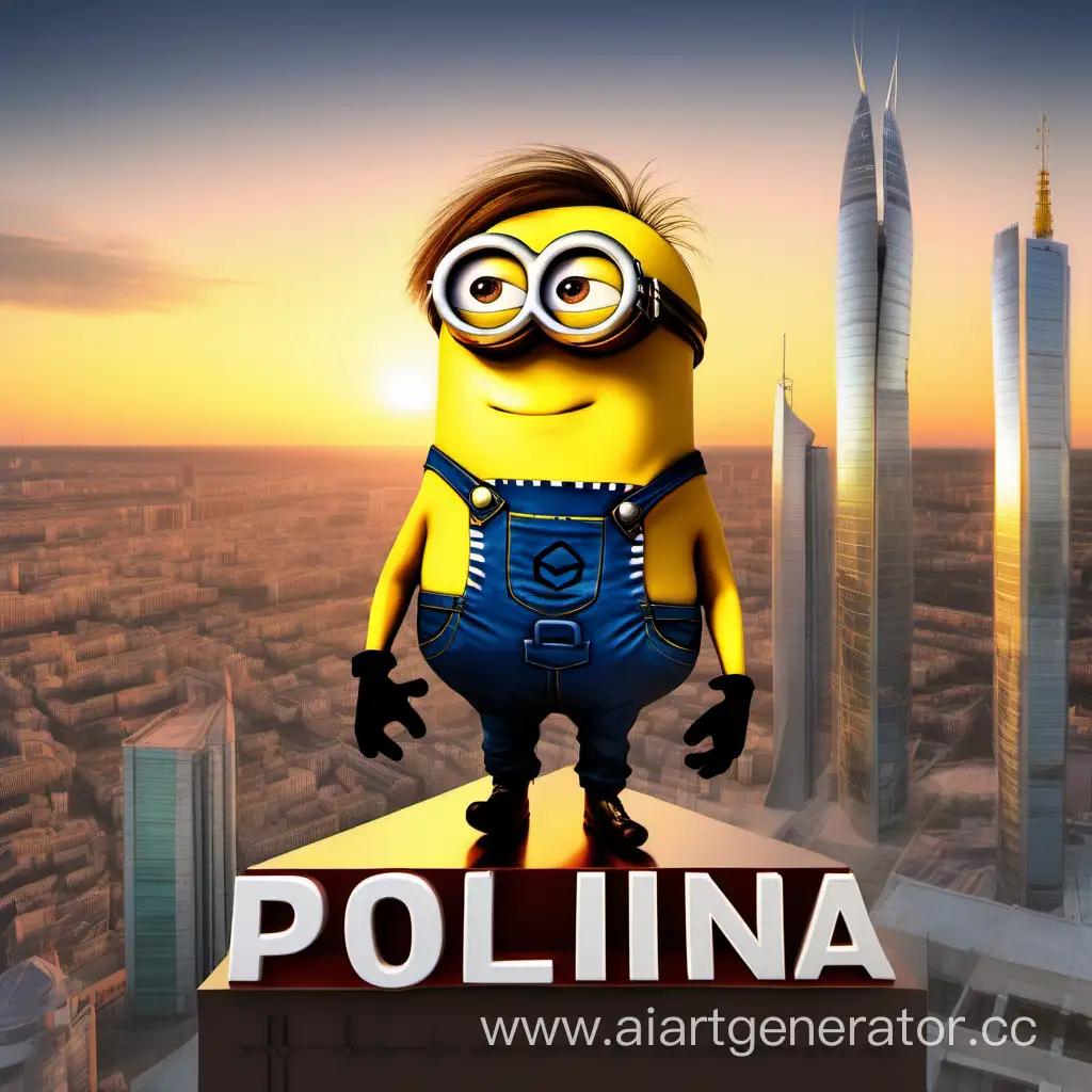 A yellow minion with long brown hair, wearing a white T-shirt with the inscription "polina" stands on top of a skyscraper, he has a glass of wine in his right hand, and a beautiful sunset behind him
