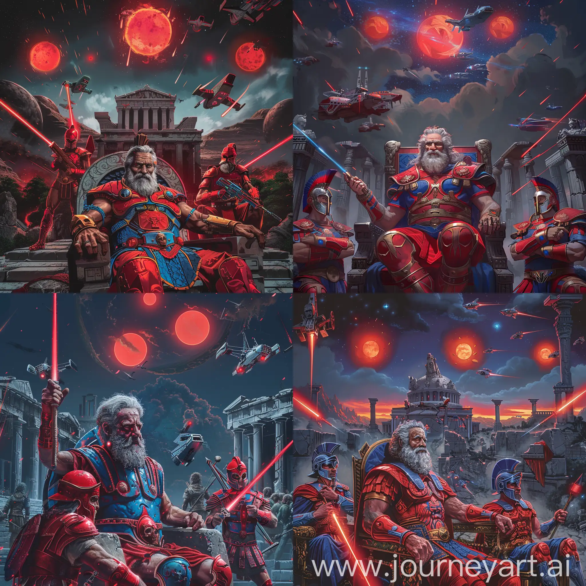 in the middle, a middle-aged Greek god Zeus, with gray hair and beards, in red and blue ancient Greek style space marine armor, sits on his Greek royal throne,

ancient Greek cyborgs hoplites in red blue armor are next to Zeus, hold laser spears,

futuristic steel gray Greek temples is in the background,

three red suns in the dark sky, with Ancient Greek style Spaceships flying,