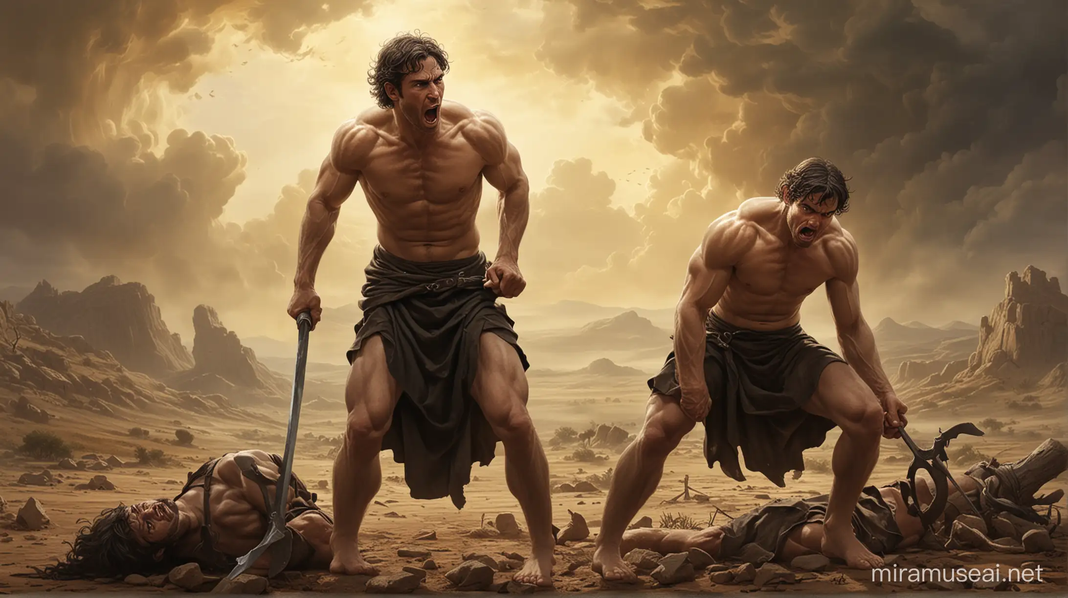 Create an evocative illustration depicting the tragic biblical scene of Cain slaying Abel. Capture the anguish, betrayal, and remorse in their expressions, amidst a desolate landscape under the weight of divine judgment