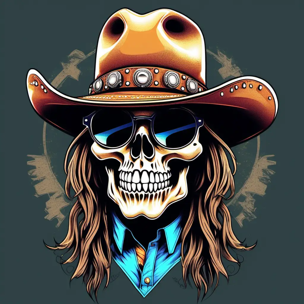 A detailed illustration a Dead Skull wearing trendy small round inspired shades ,leather cowboy hat, black rims, long hair, hippy, stoner, ,t-shirt design, t-shirt design, 3D vector art, cute
cartoon effect ,Adobe Illustrator, hand-drawn, digital
painting, low-poly, soft lighting, retro aesthetic, focused on
the character, 4K resolution, photorealistic rendering, using Cinema 4D --s 750 --style raw
