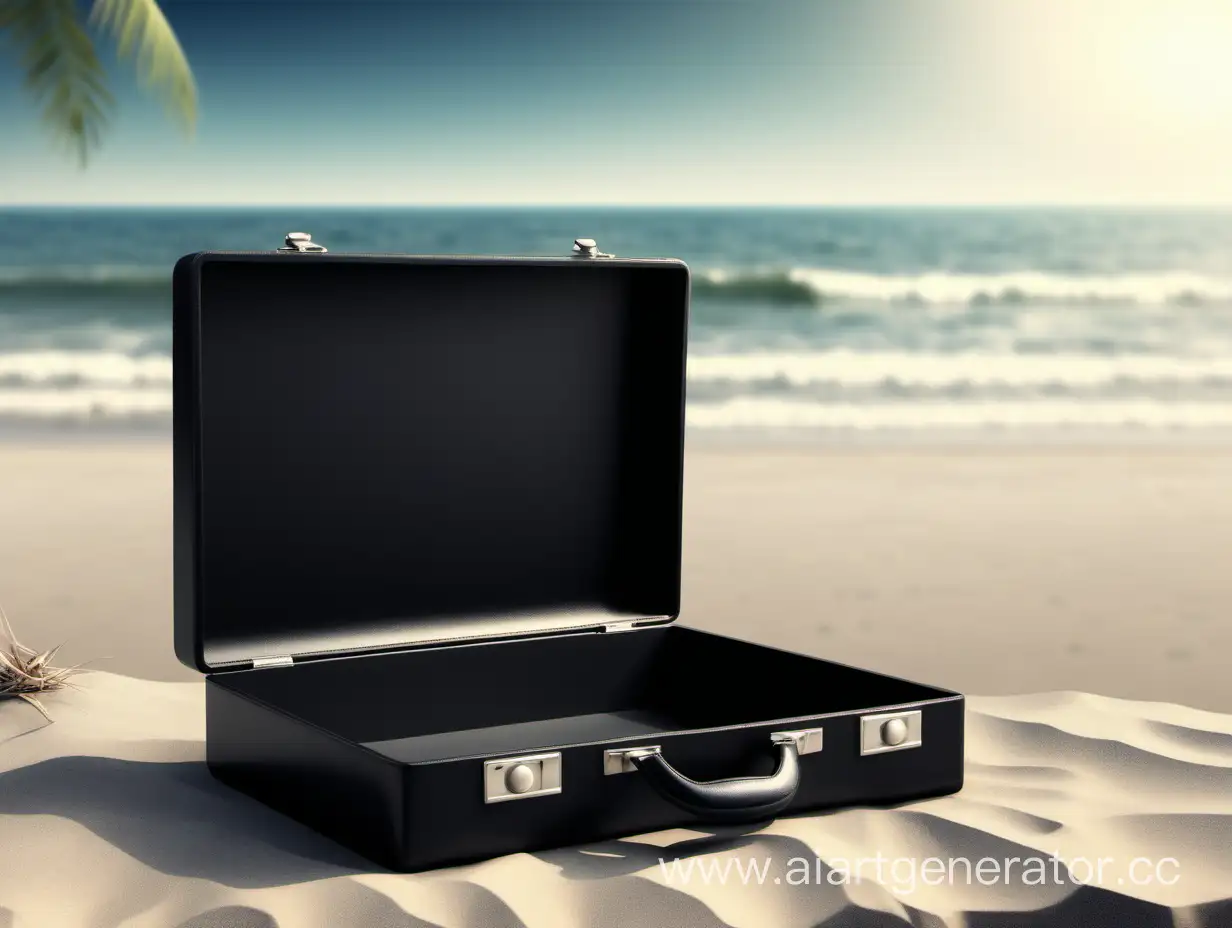 Открытый кейс для документов, черного цвета, пустой, на фоне пляжа, реализм
