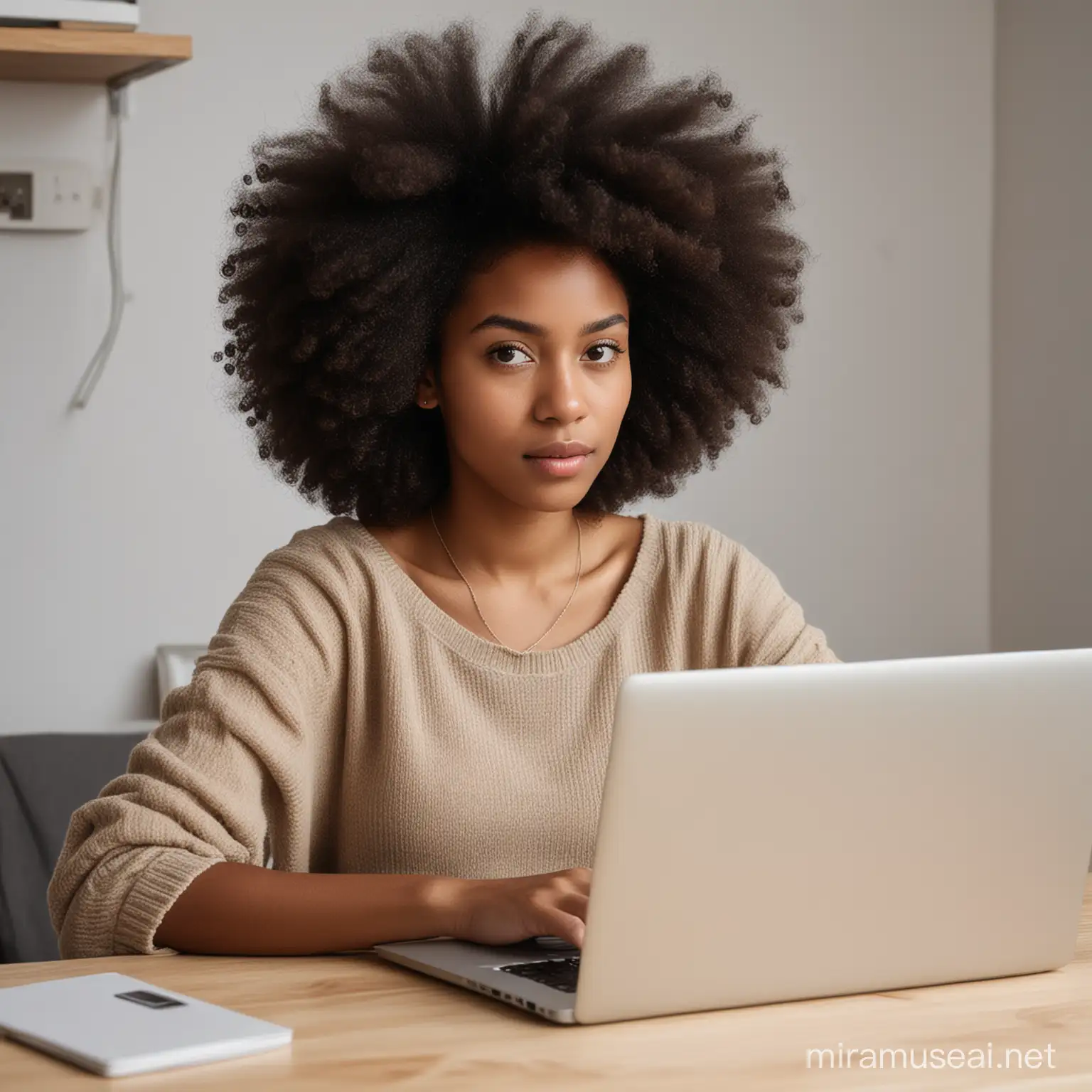 Black girl with an afro using a laptop