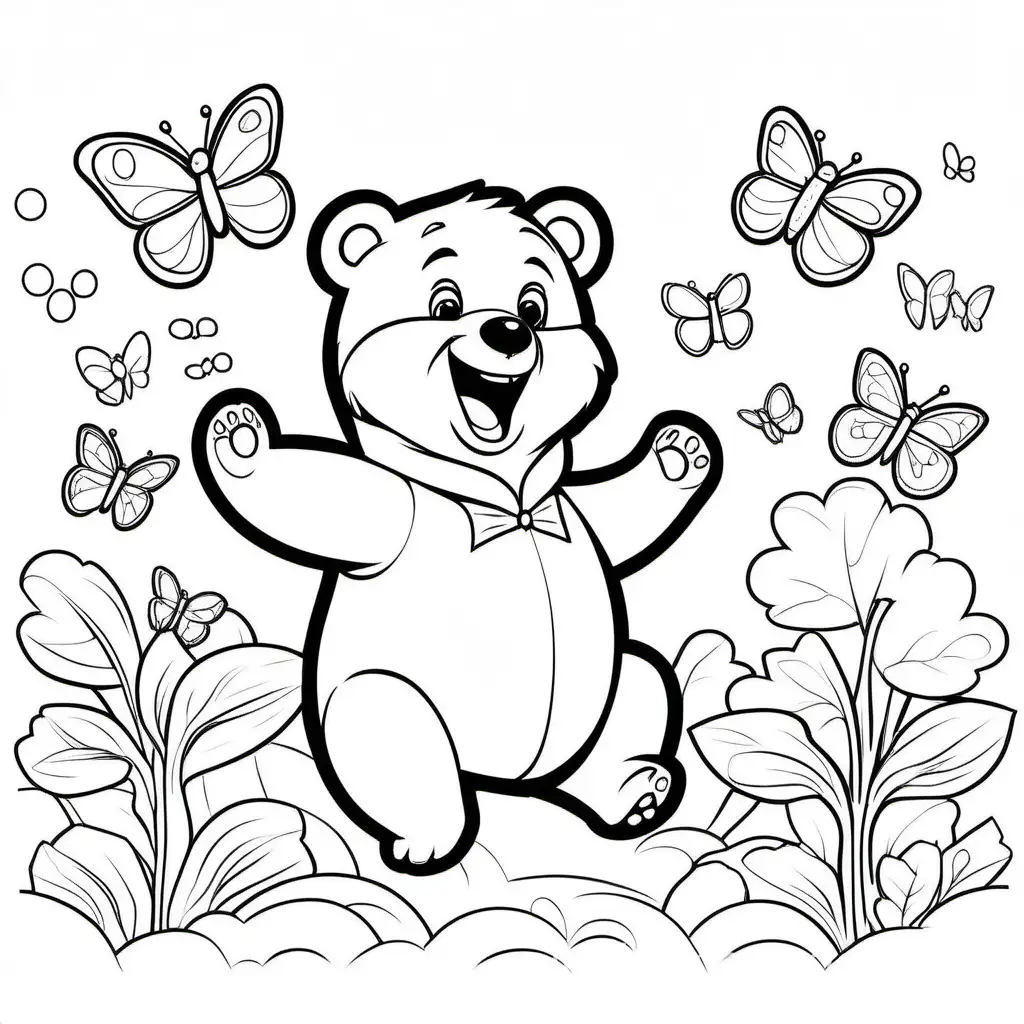 A cute little bear laughs. Chasing butterflies. Let it be funny for the storybook. Let the bear be a child character., Coloring Page, black and white, line art, white background, Simplicity, Ample White Space. The background of the coloring page is plain white to make it easy for young children to color within the lines. The outlines of all the subjects are easy to distinguish, making it simple for kids to color without too much difficulty
