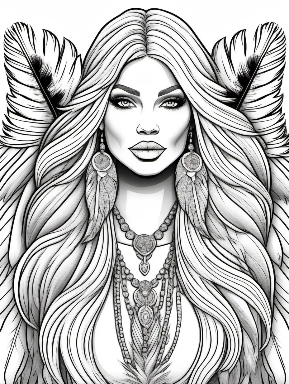 create a tall coloring page of a glamorous curvy bohemian woman, blond hair, feathers in hair, black outlines, no shades, no shading, no grayscale
