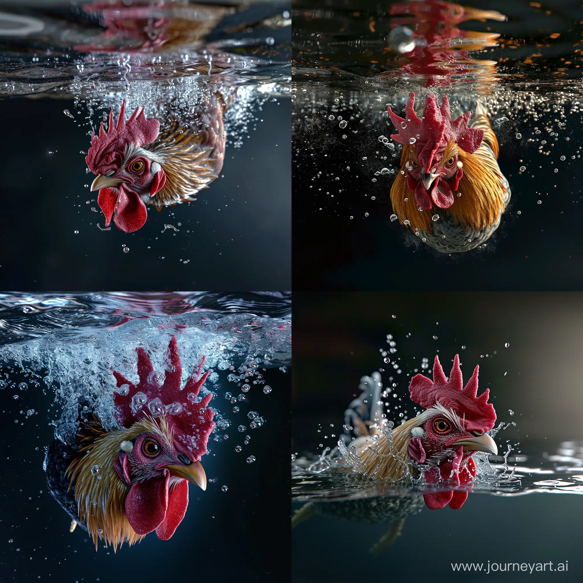 Hyper-maximalism, ultra detailed photorealistic a rooster is diving below the watersurface down into the water. This diving accompanied by a ripple and a big splash of water above the surface, slight skin imperfections of bubbles of air coming out from nose and mouth, final render.