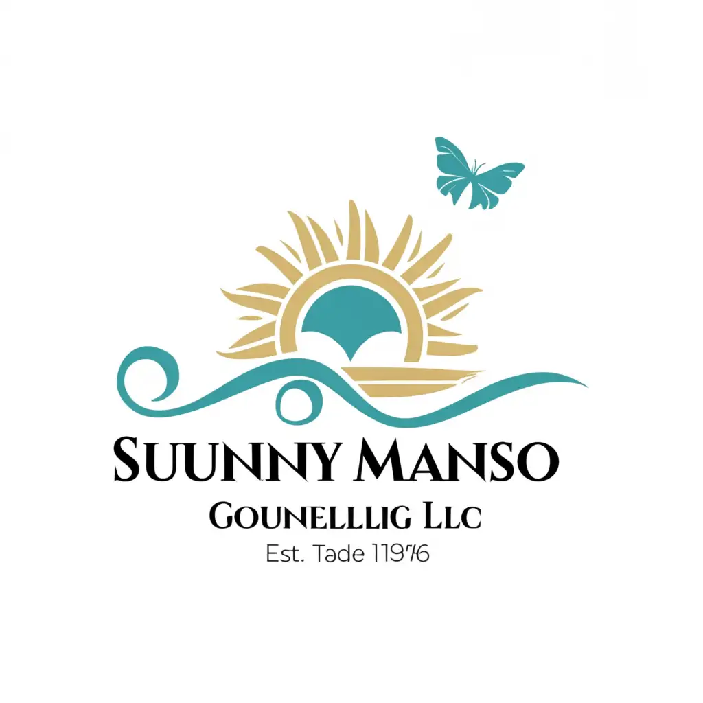 a logo design,with the text "Sunny Manso Counseling LLC", main symbol:sun, ocean, butterfly,Minimalistic,be used in Animals Pets industry,clear background