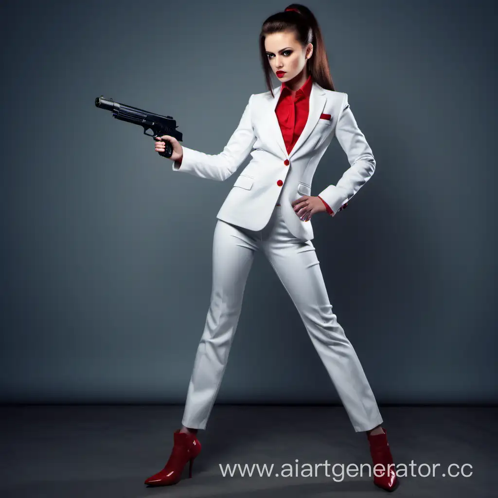 Девушка в белом костюме, белых брюках, красных туфлях, брюнетка, волосы зачёсанны назад,  с пистолетом 