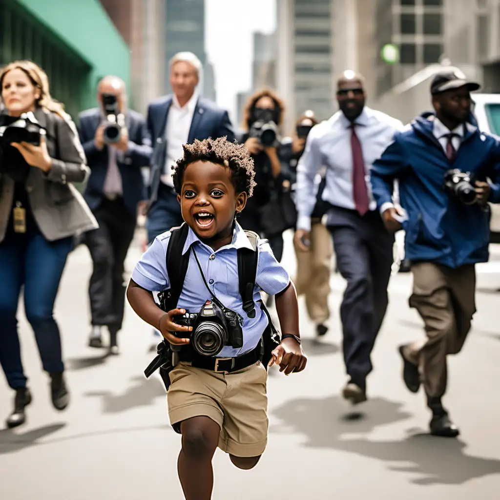 a 2-year-old happy black boy holding a camera and running in the city chased by a 20-man news crew closely behind him holding several cameras and equipment as well