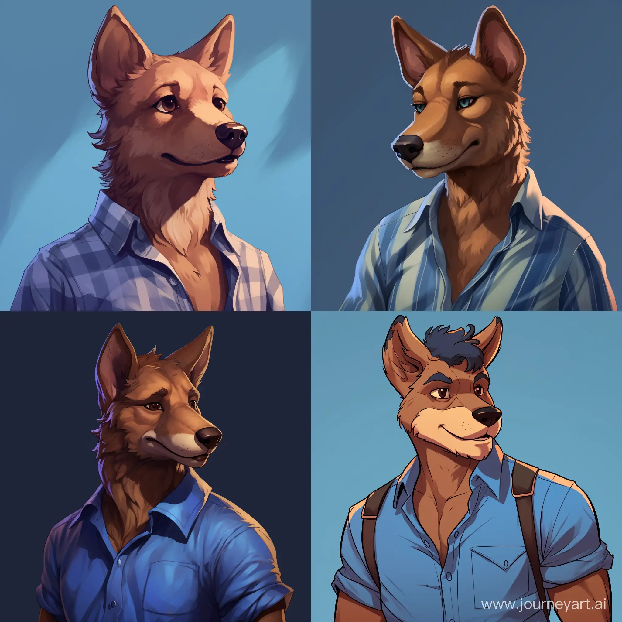 Anthropomorphic male dhole that wears blue shirt and jeans, with brown eyes