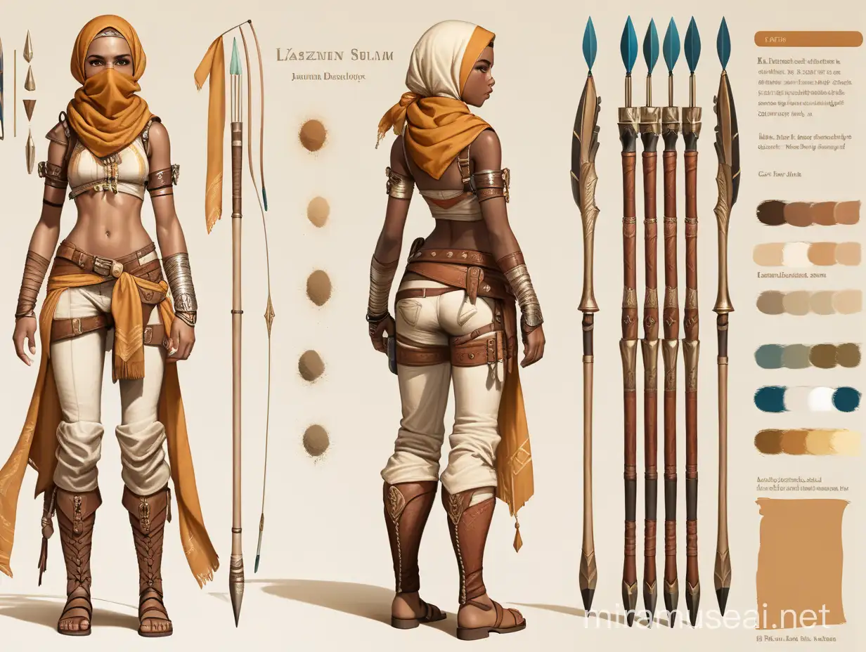 A detailed character design sheet, featuring the back, featuring the front and full body of a teen girl descendant of Berber nomads from scorching desert, who wields a recurve bow passed down through her family and a jambiya dagger for close combat. Her attire reflects practicality and desert tradition. She wears lightweight leather armor adorned with brass fittings, loose-fitting linen pants tucked into high boots, and a headscarf shielding her face from the sun and sand. A bandolier holds extra arrows and vials of sandstorm powder. The style is reminiscent of classic fantasy art, with a character concept emphasizing chaos.