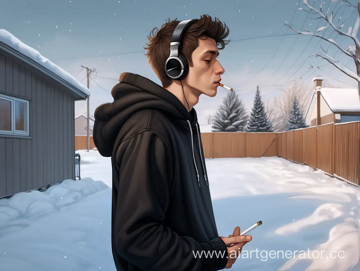 Young guy standing in winter in the backyard of the house, hoodie, black jeans, smoking a cigarette, listening to music in headphones, looking at the sky with a sad face, Brown Eyes