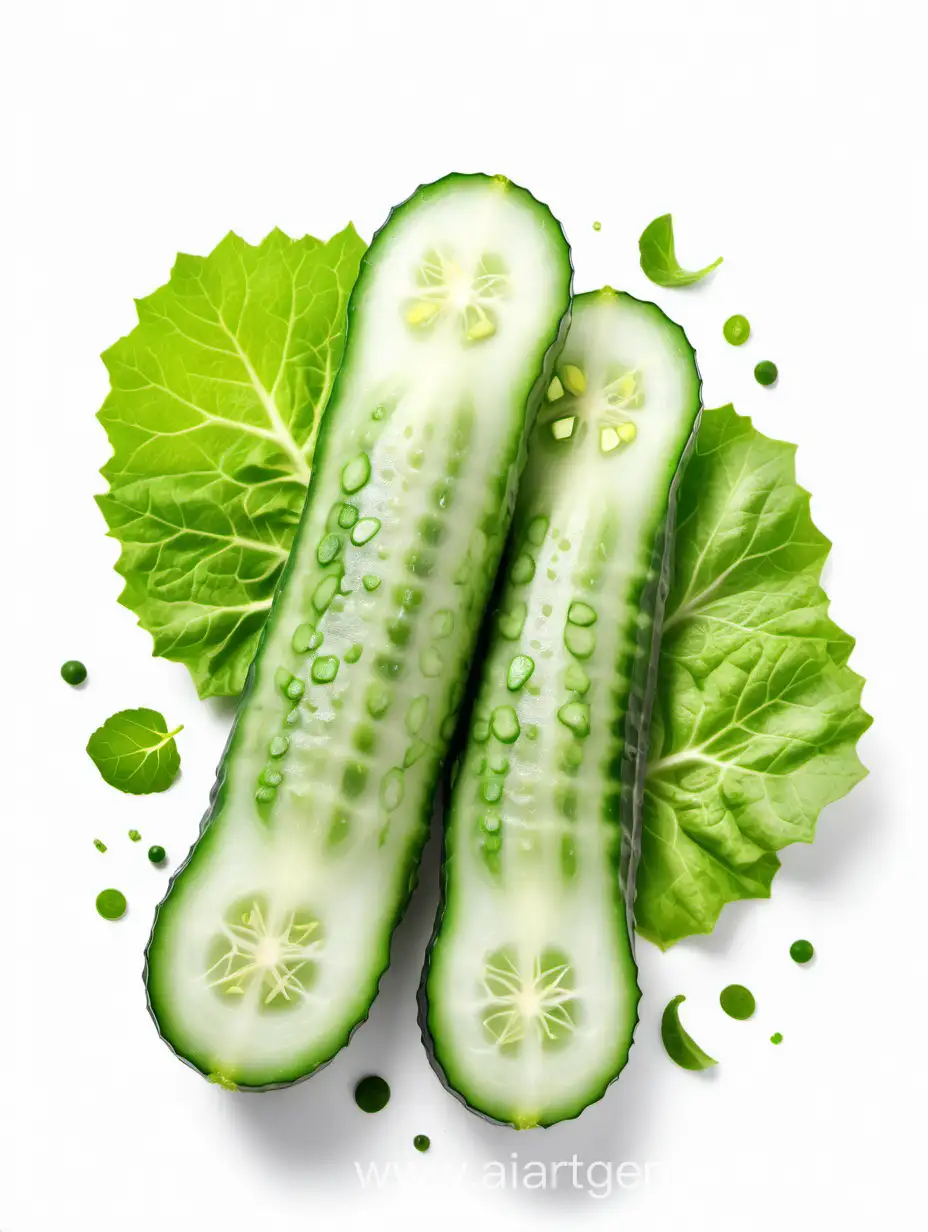  Cucumber with slices and green salad leaves on white background