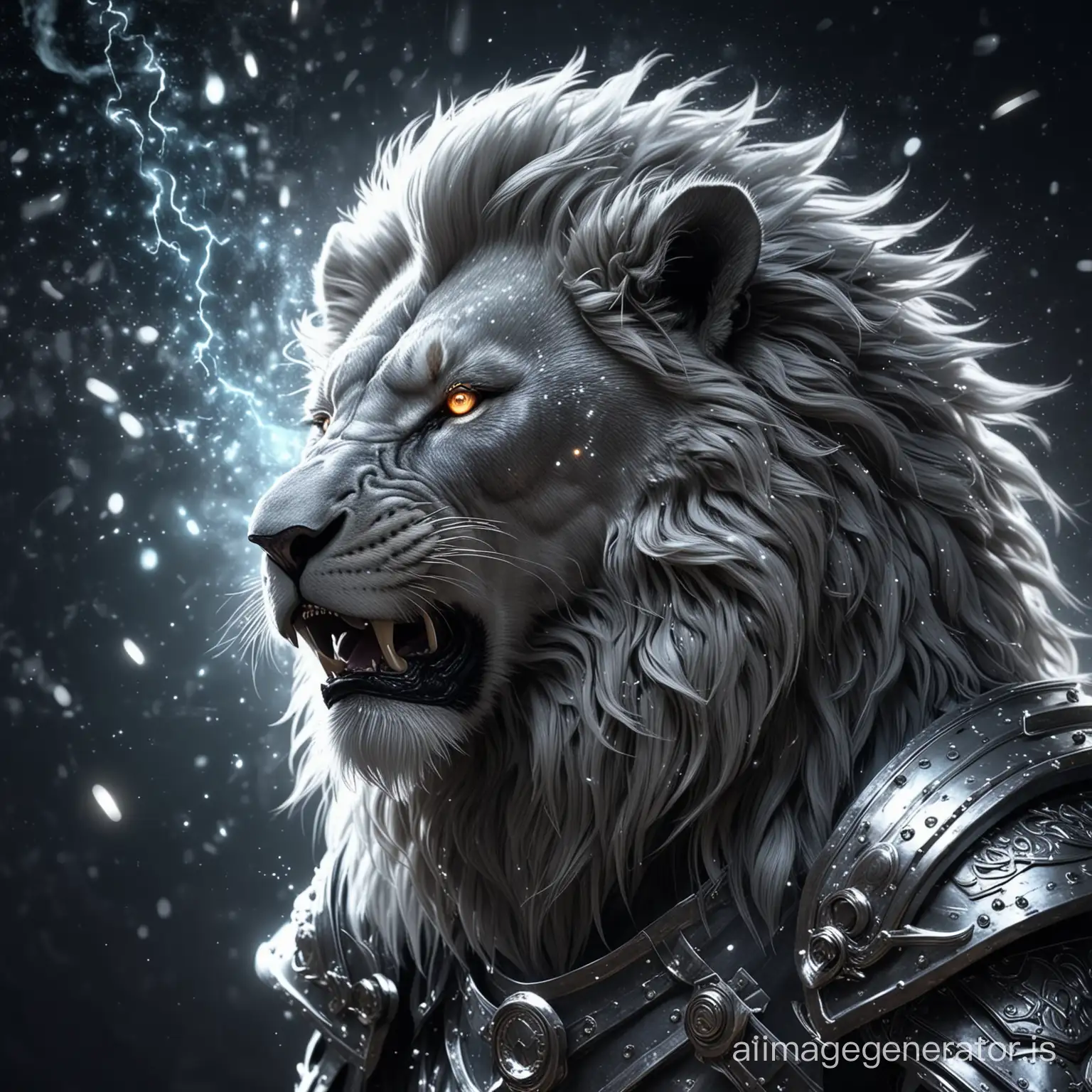Proud beautiful silver fantasy lion fighter roars, cold, steam from mouth, dark tones, mane. Looks into the night sky. Glowing, sparks, brightness, dark tones. Bright stars in the night sky. Vector, volumetric illustration, HD, 4k, fantasy, cyber.