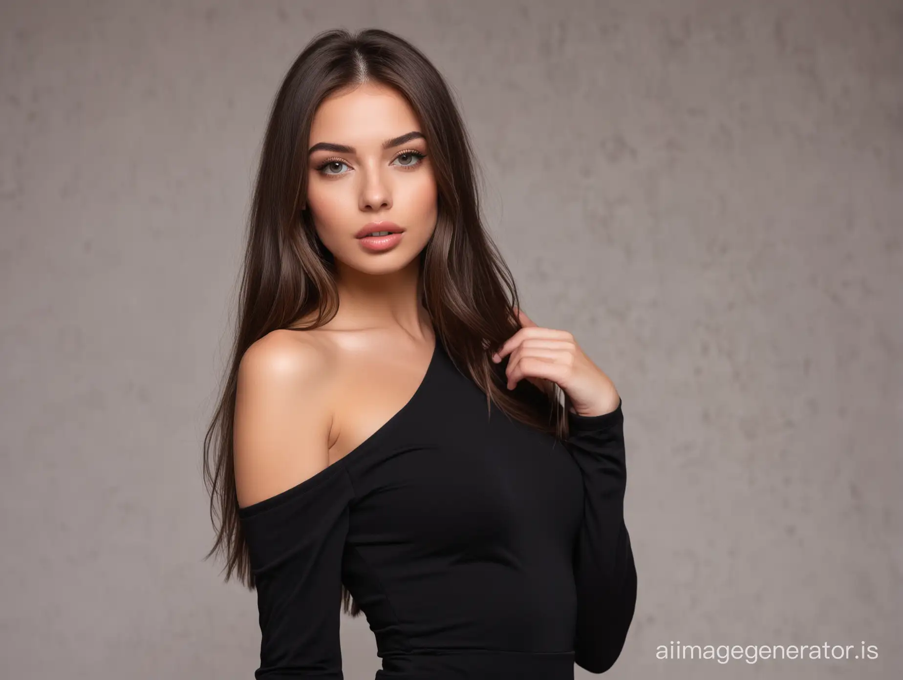 A beautiful young brunette stands with straight hair and light makeup, thin lips, Black dress with lush forms