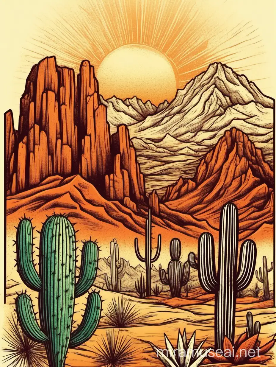 Vibrant Vintage Sketch Desert Landscape with Mountains Cactus and Sun
