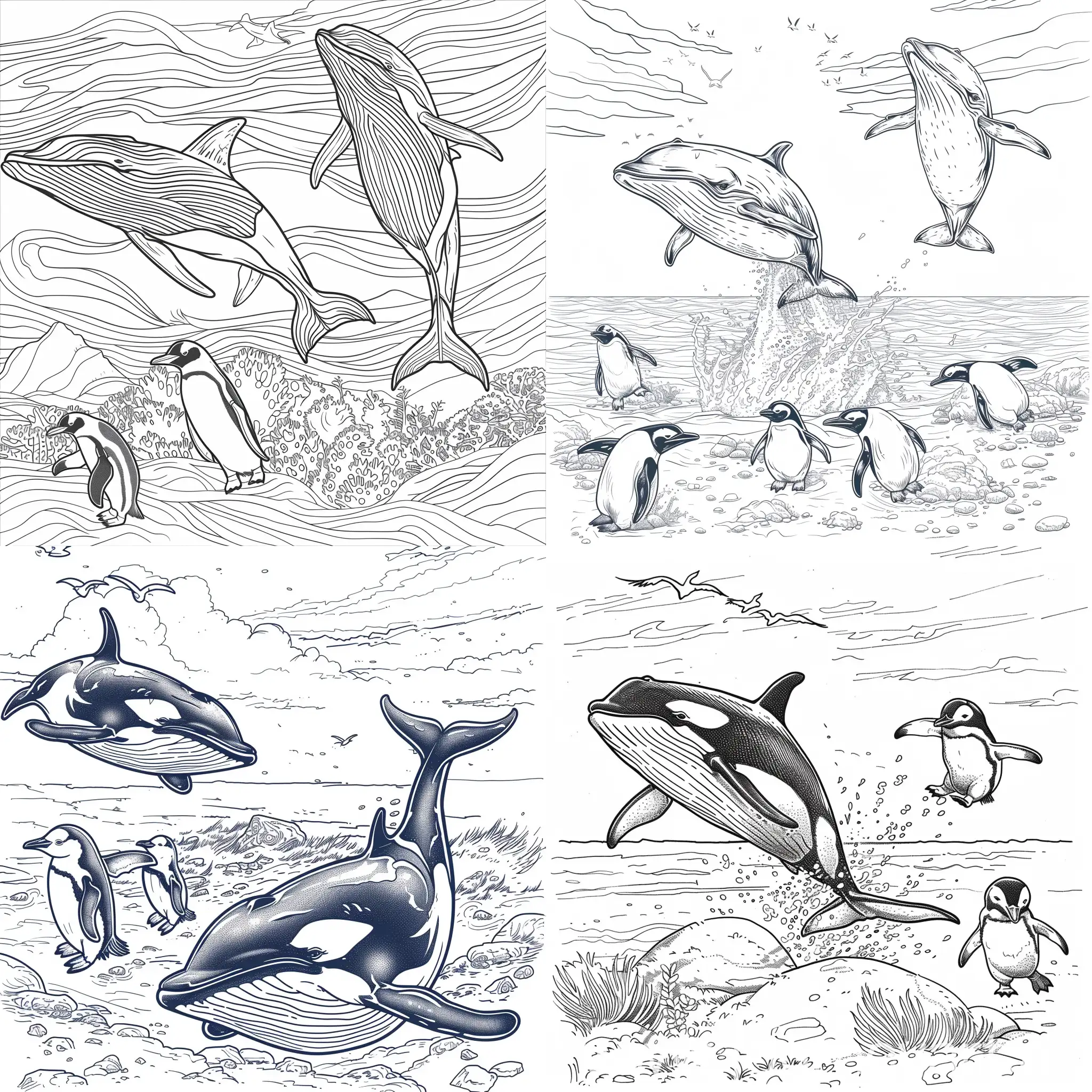 coloring page for kids, detailed, simply cartoon style, isolated, funny, killer whales and penguins